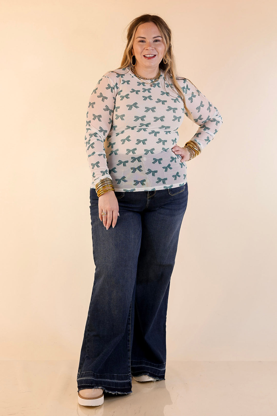 The Perfect Layer Bow Print Mesh Long Sleeve Top in Ivory and Green