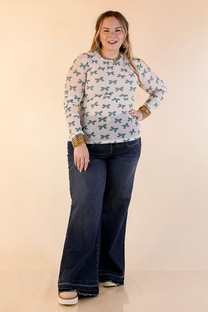 The Perfect Layer Bow Print Mesh Long Sleeve Top in Ivory and Green