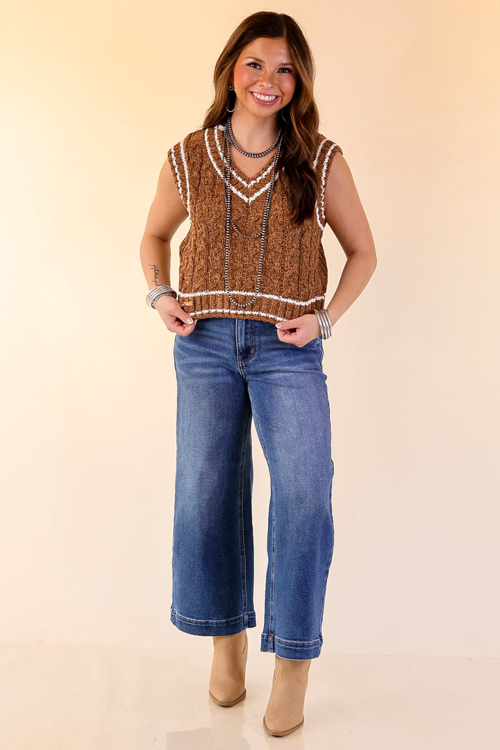 Simply Southern | Bliss Cable Knit Teddy Sweater Vest with V-Neckline and Contrast Trim in Umber Brown
