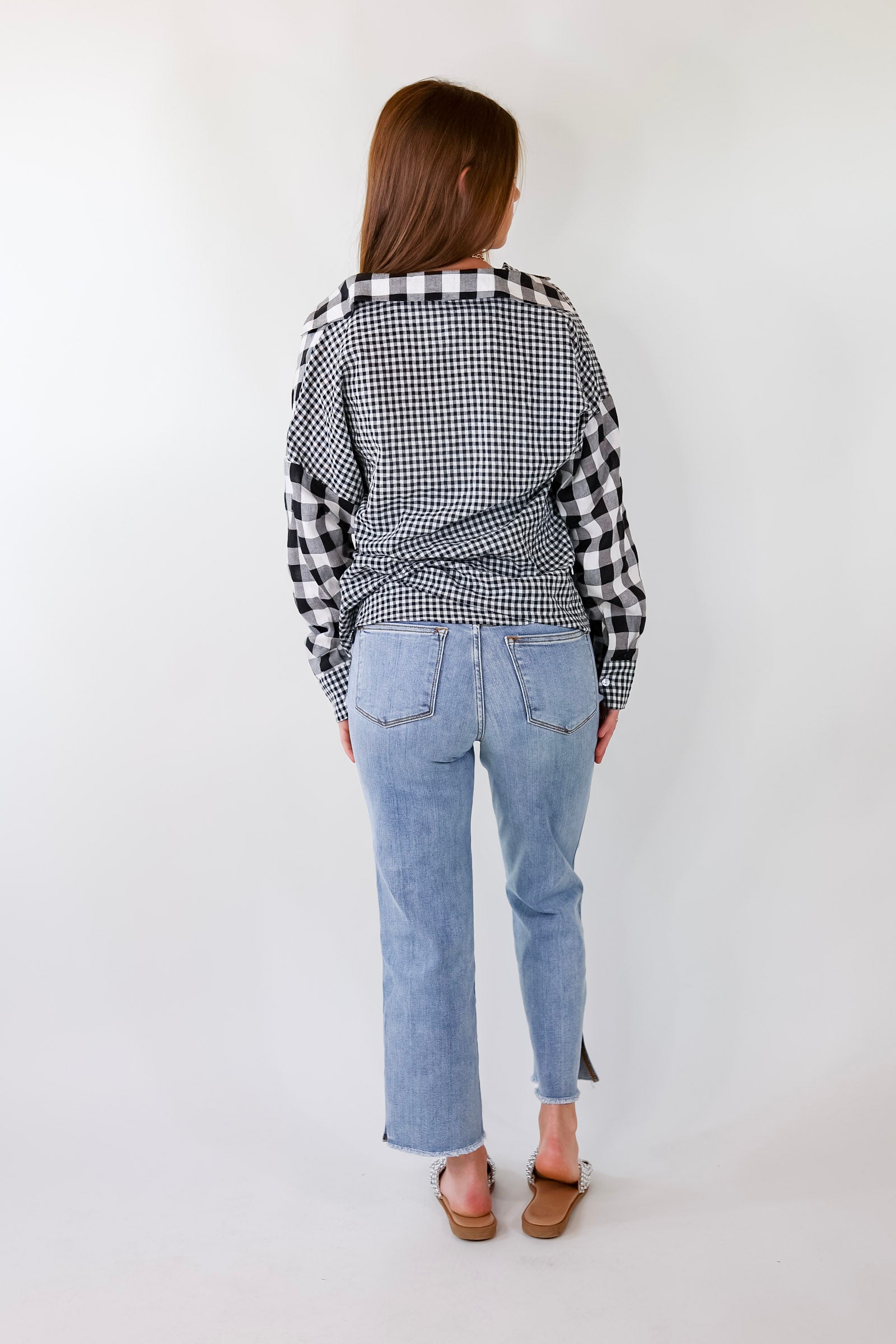Waiting For You Mix Plaid Button Up Top in Black - Giddy Up Glamour Boutique