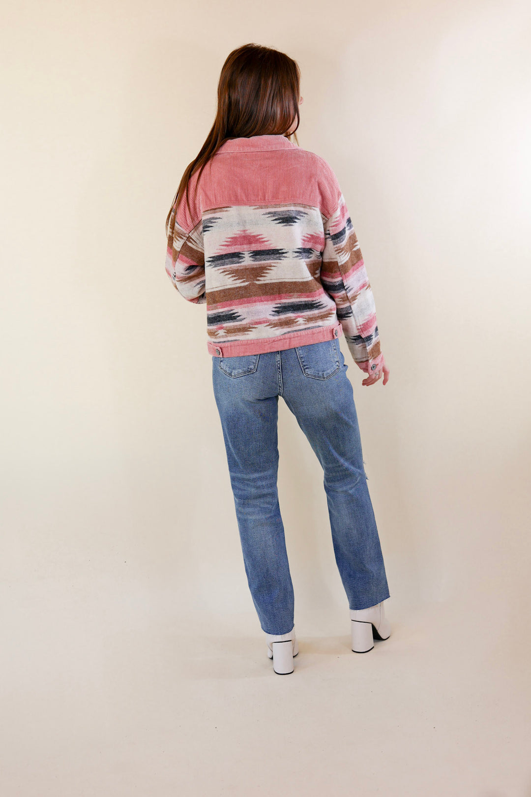 Hard To Forget Aztec Print Button Up Jacket with Corduroy Trim in Pink - Giddy Up Glamour Boutique