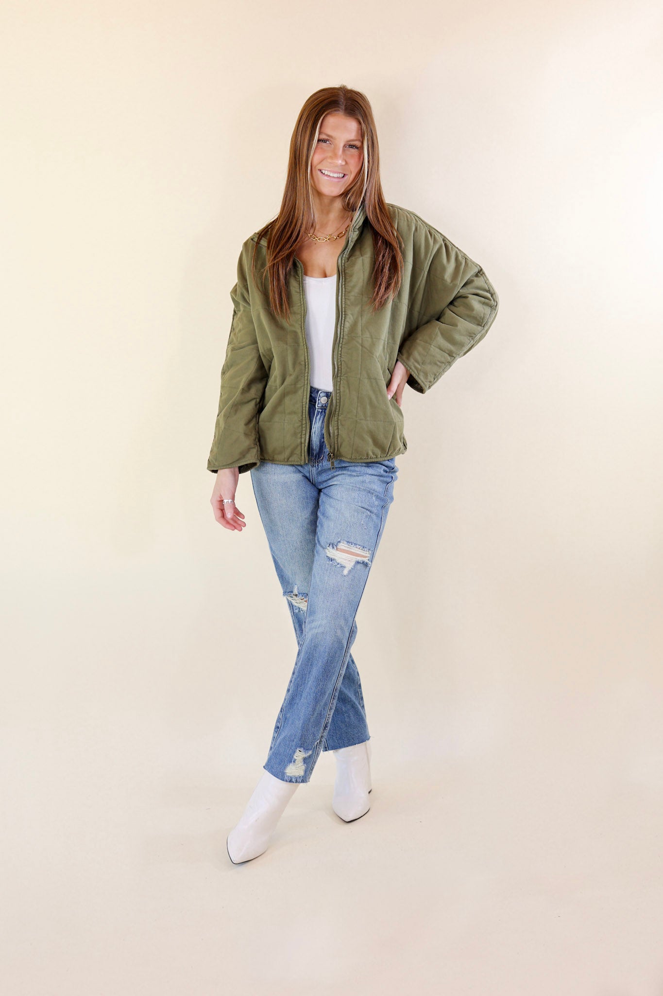 Park Slope Quilted Zip Up Jacket in Olive Green - Giddy Up Glamour Boutique