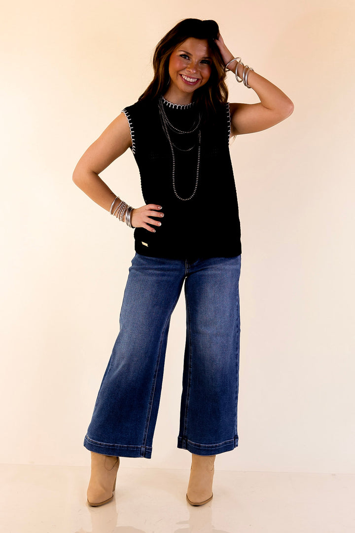 Simply Southern | Olivia Large Knit Sweater Vest with Contrast White Stitching in Black