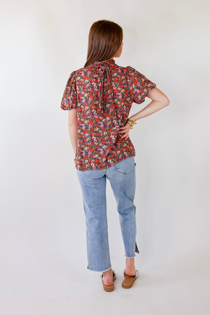 All Day Divine Mock Neck Floral Short Sleeve Top with Tie Back - Giddy Up Glamour Boutique