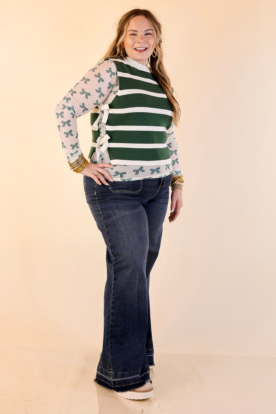 Tied Up in Style Knit Sweater with Side Ties in Forest Green with Off White Stripes