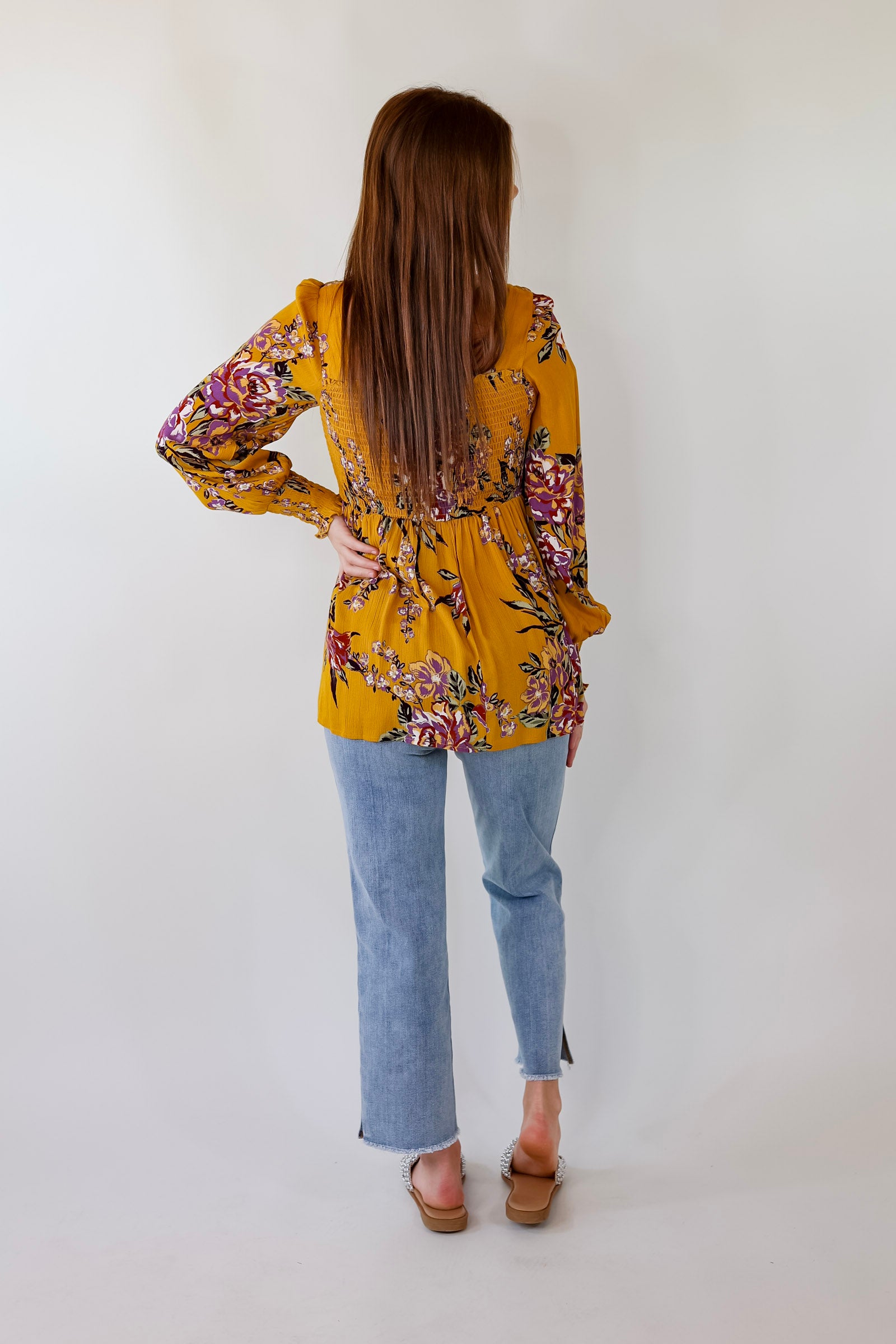 Fairfield Feeling Floral Smocked Babydoll Top with Long Sleeves in Mustard Yellow - Giddy Up Glamour Boutique