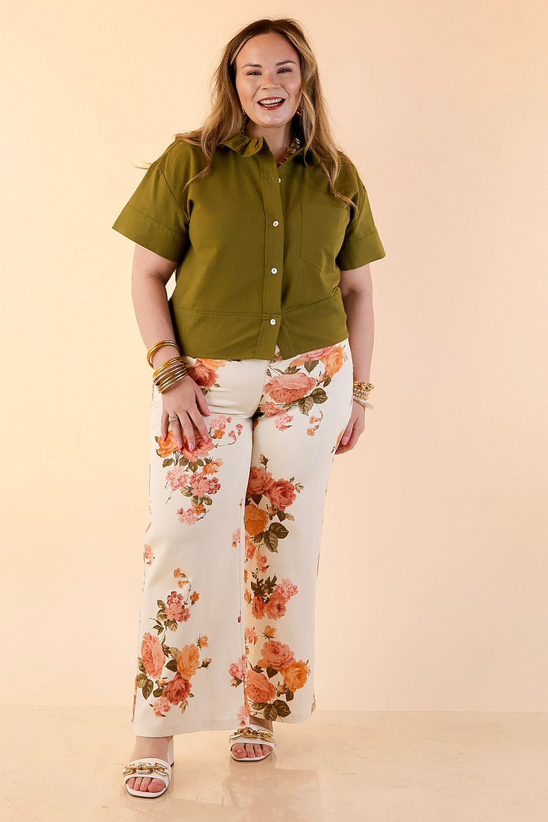 Casual Composure Button Front Short Sleeve Linen Top in Olive Green