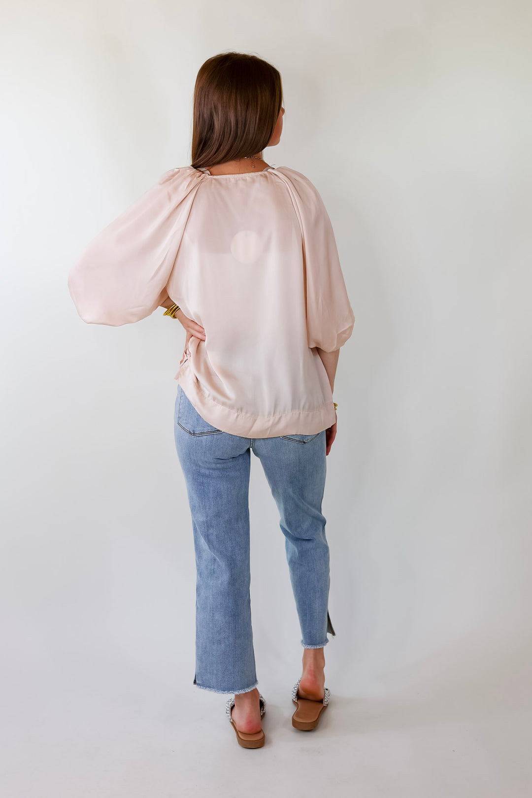 Flash A Smile Half Balloon Sleeve Satin Blouse in Champagne - Giddy Up Glamour Boutique