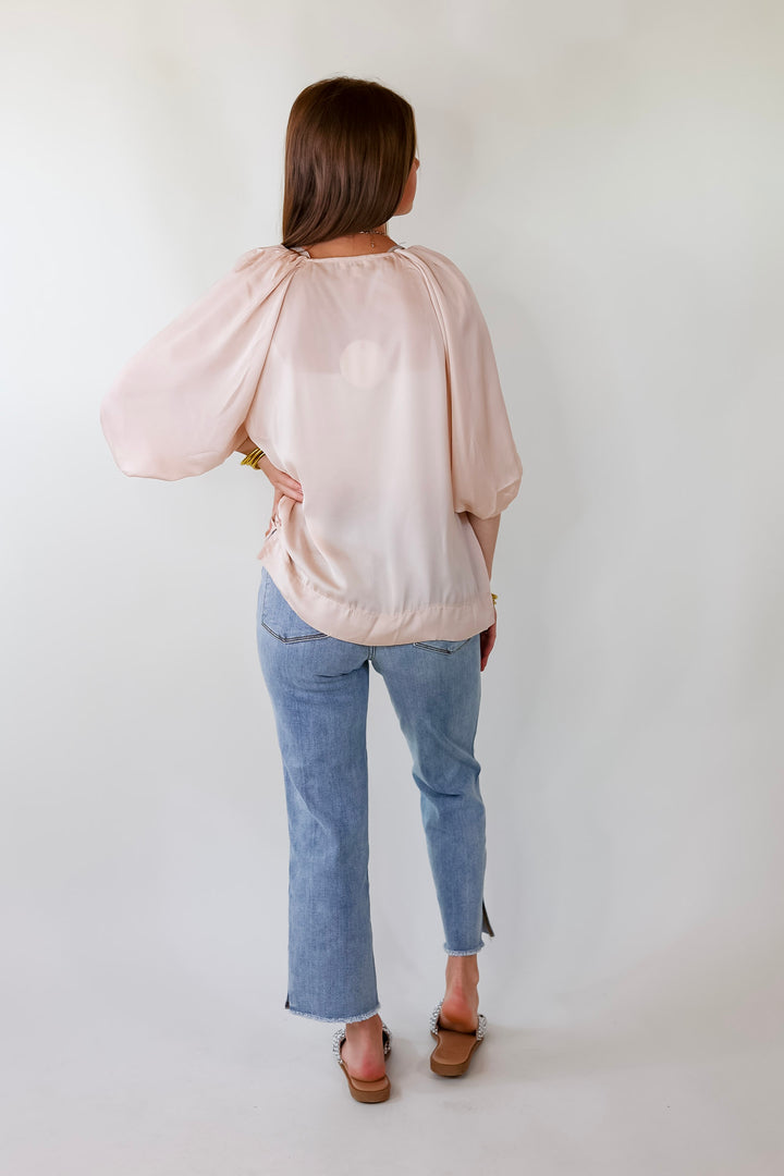 Flash A Smile Half Balloon Sleeve Satin Blouse in Champagne - Giddy Up Glamour Boutique
