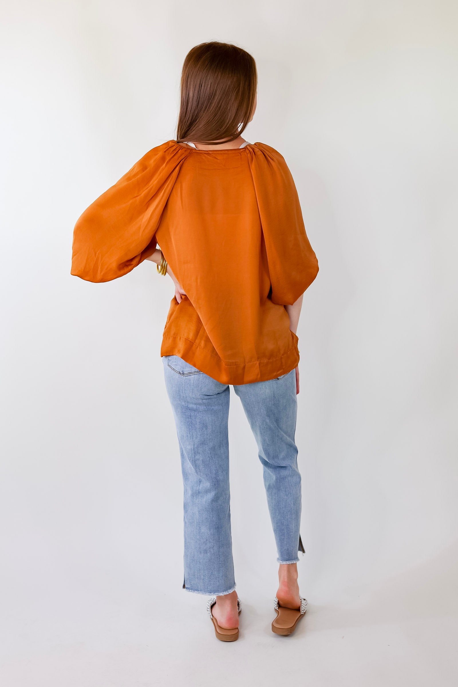 Flash A Smile Half Balloon Sleeve Satin Blouse in Burnt Orange - Giddy Up Glamour Boutique