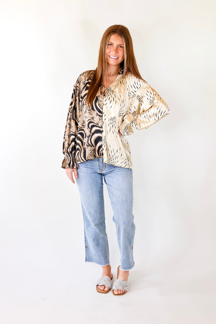Play It Up Mix Print Button Up Blouse in Ivory Mix - Giddy Up Glamour Boutique