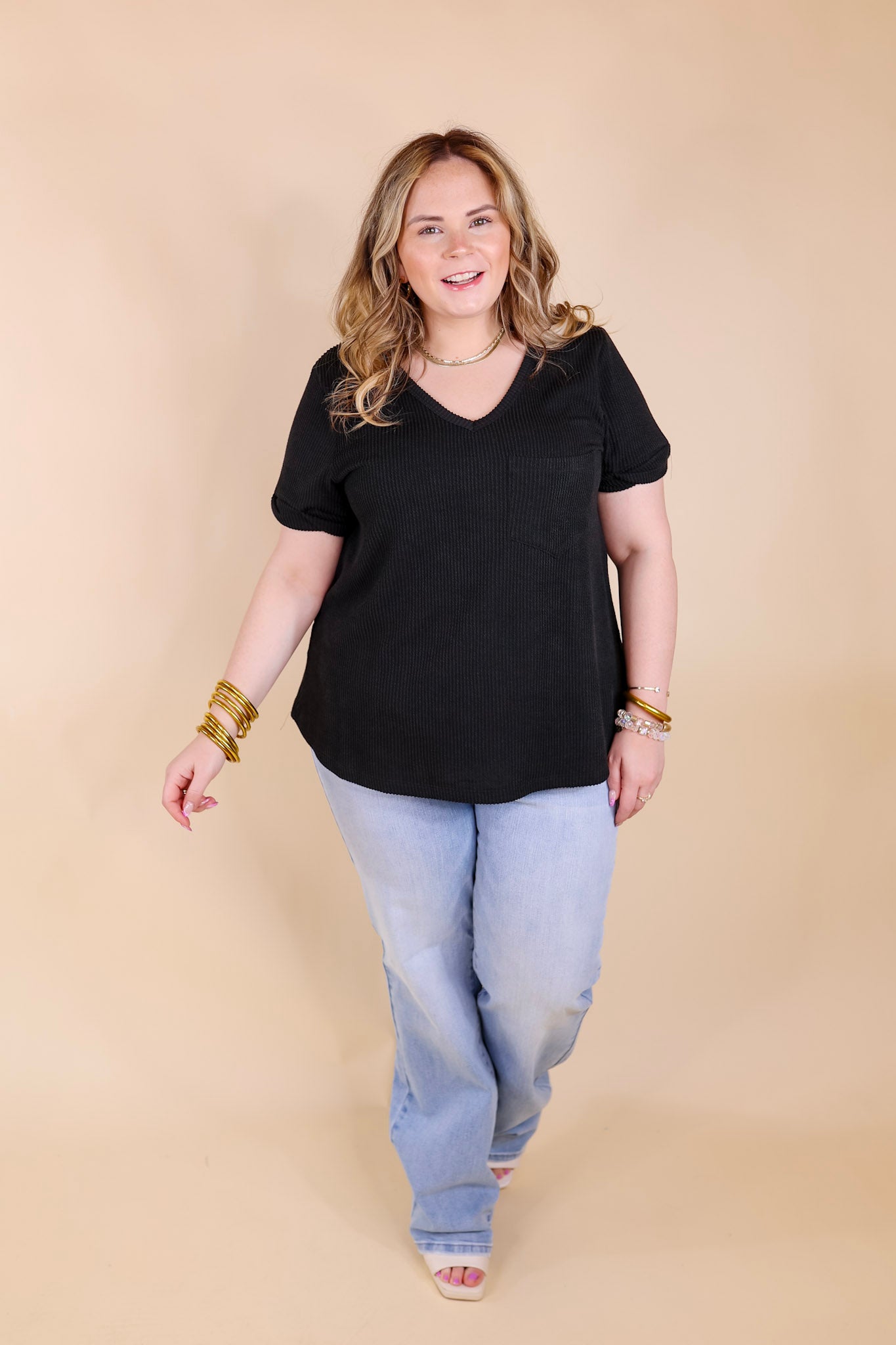 Only True Love Ribbed Short Sleeve Top with Front Pocket in Black - Giddy Up Glamour Boutique