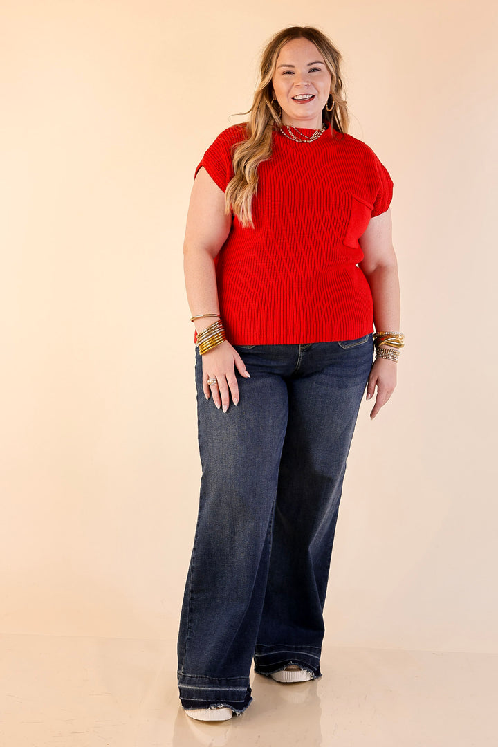 Repeat Ready Cap Sleeve Sweater with Front Pocket in Red