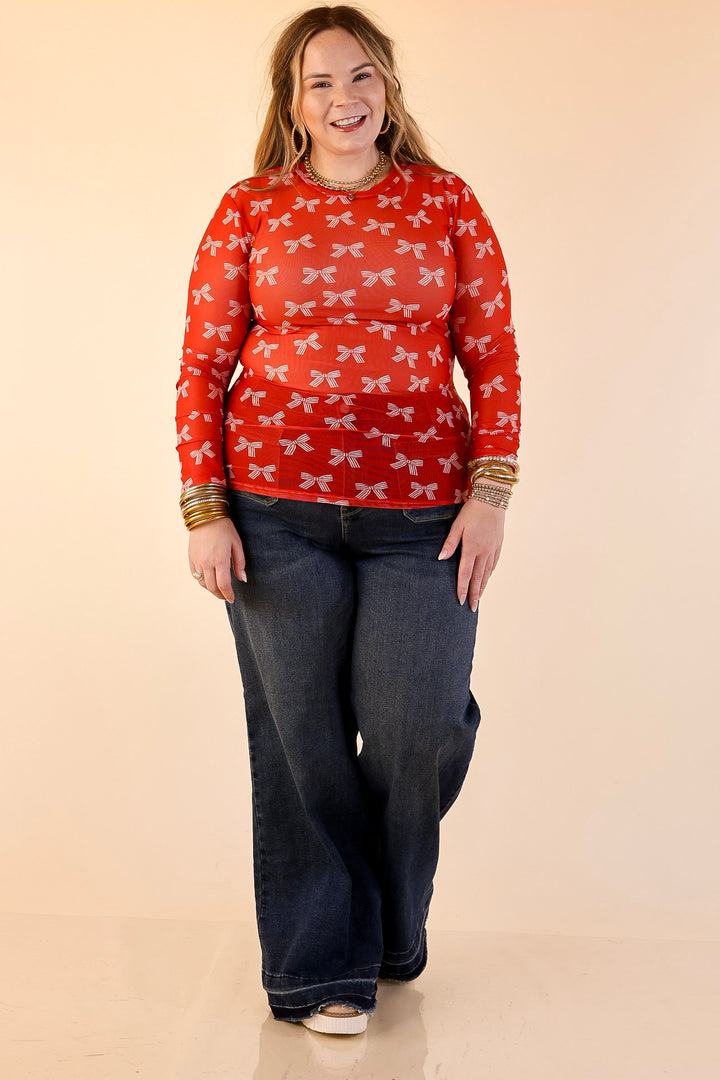 The Perfect Layer Bow Print Mesh Long Sleeve Top in Red and Ivory