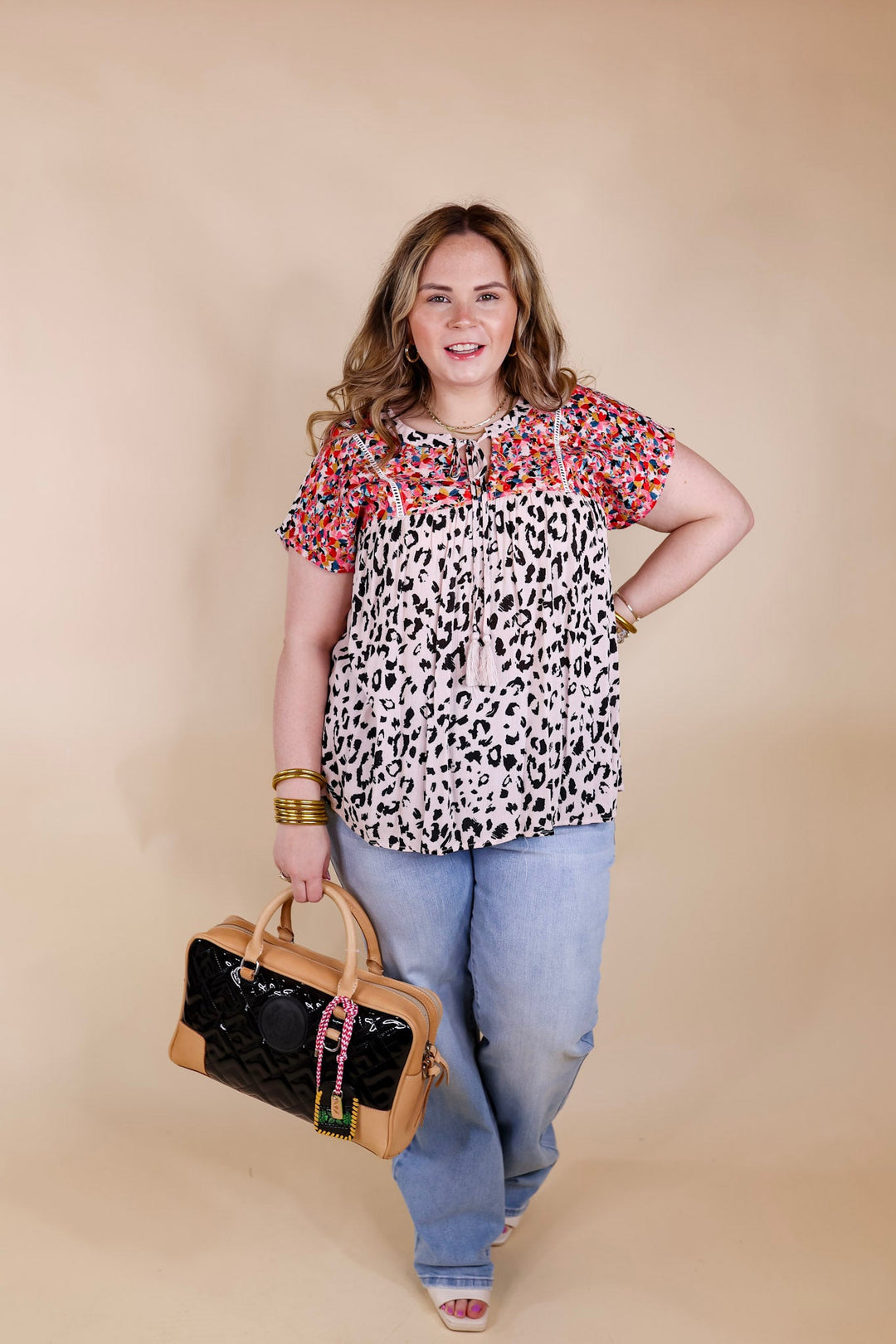 Fredericksburg In the Spring Leopard Print Embroidered Top with Front Keyhole in Blush Pink - Giddy Up Glamour Boutique