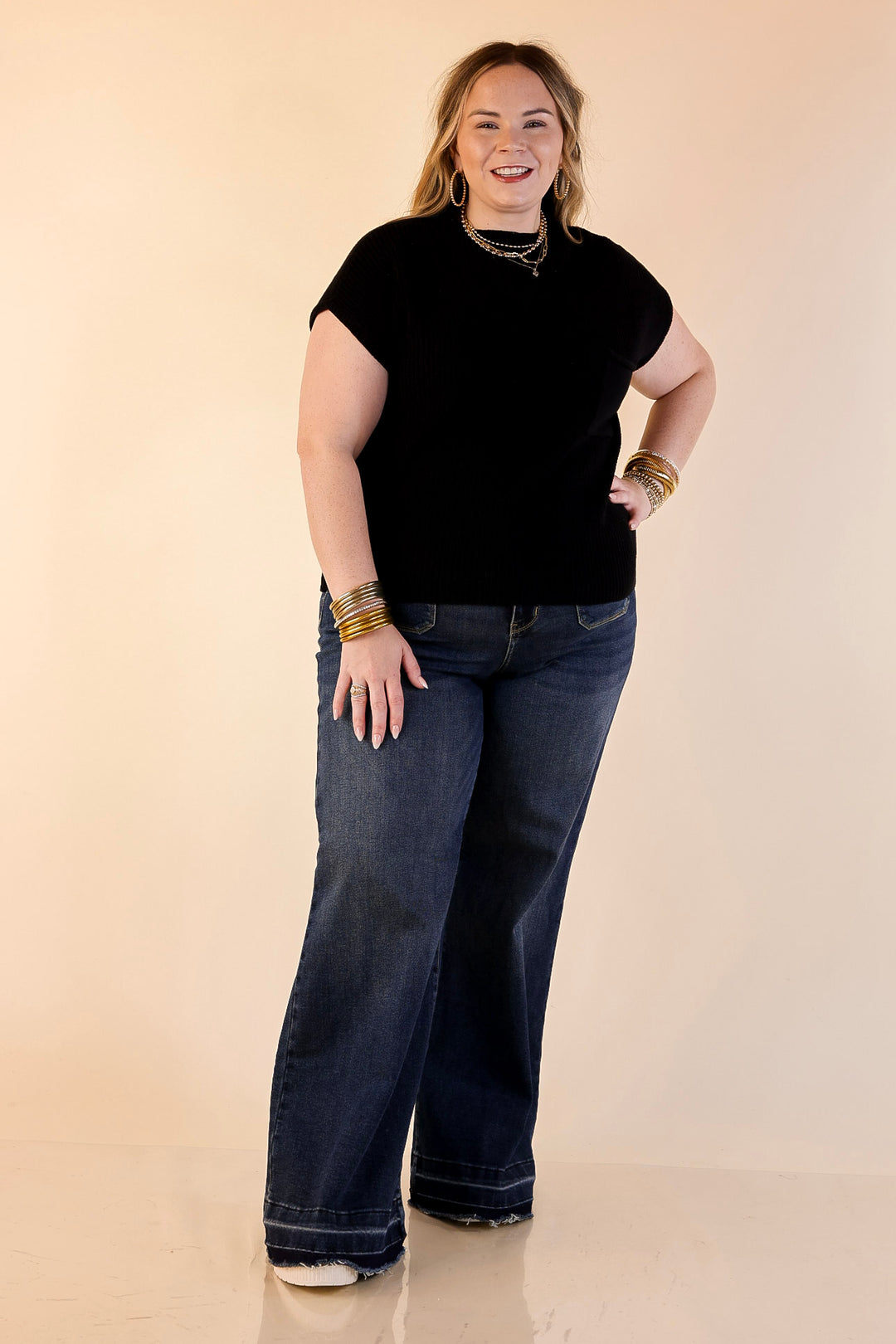 Repeat Ready Cap Sleeve Sweater with Front Pocket in Black