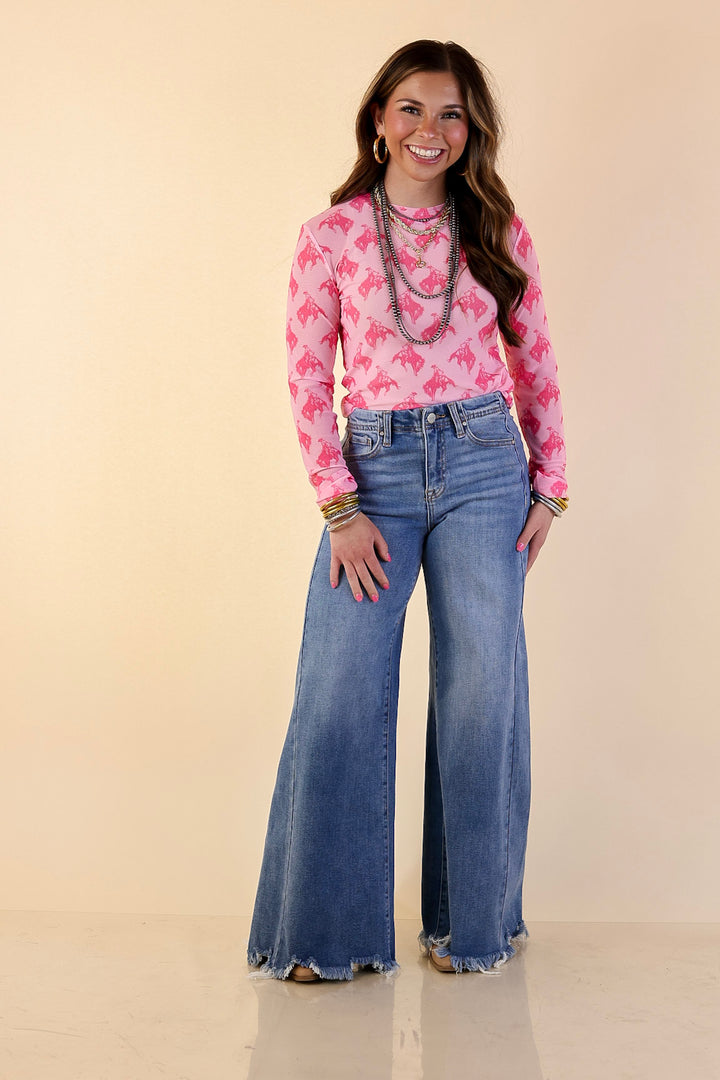The Perfect Layer Hot Pink Bronc Print Mesh Long Sleeve Top in Pink
