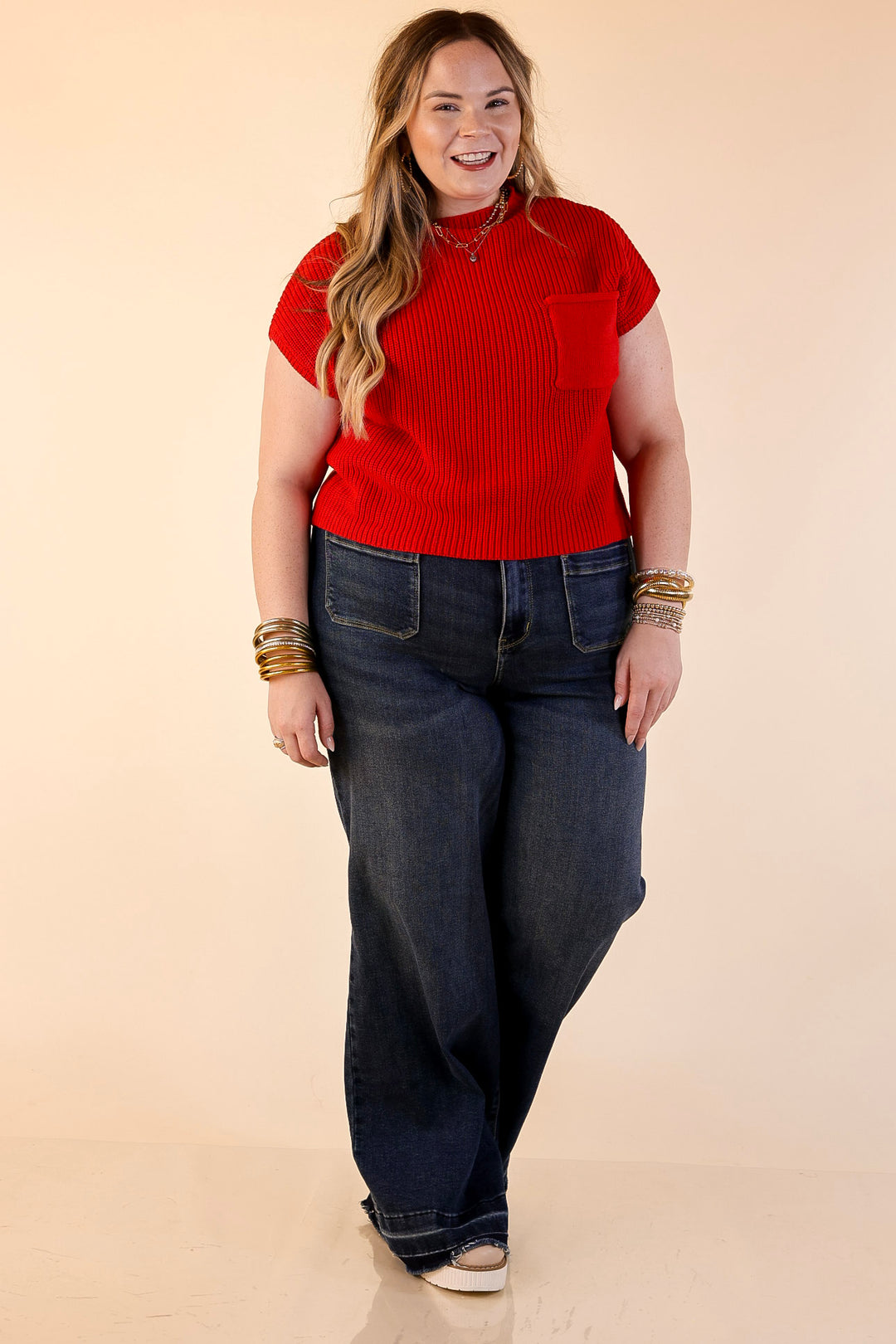 Repeat Worthy Cap Sleeve Cropped Sweater with Front Pocket in Red