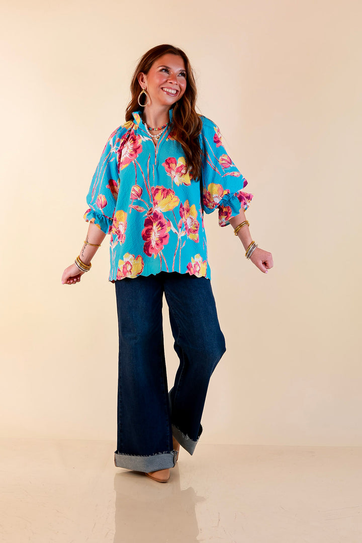 Petal Perfect Floral Print Textured Puff Sleeve Top with Ruffle Split Neckline in Aqua Mix
