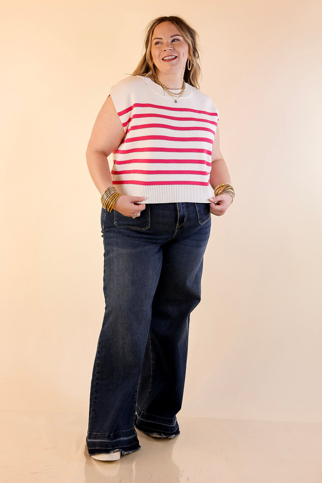 Stripe Things Up Drop Shoulder Knit Sweater in White with Hot Pink Stripes