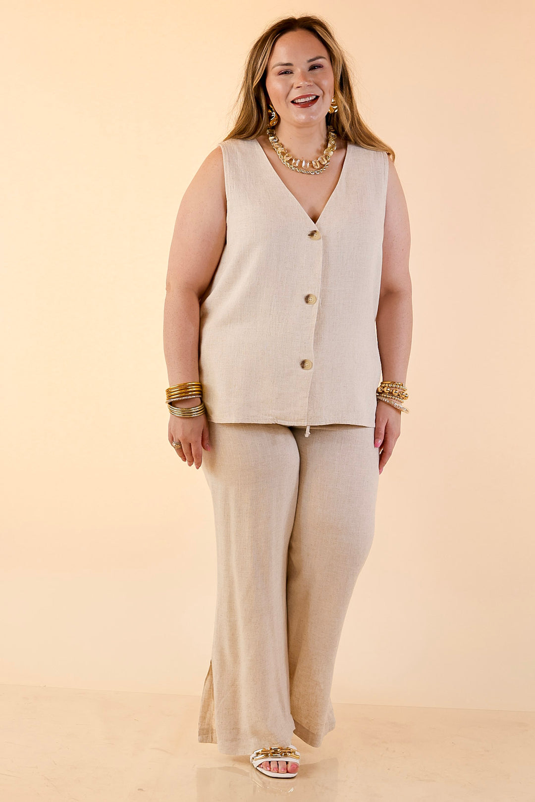 Styled in Comfort Linen Wide Leg Drawstring Pants in Oatmeal Beige