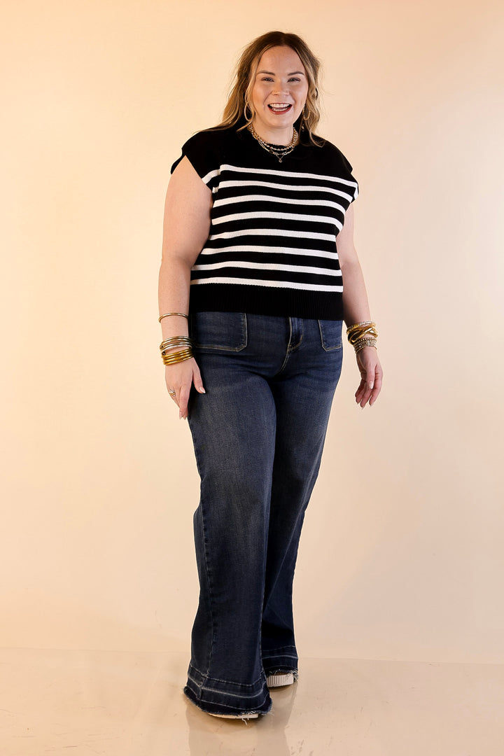 Stripe Things Up Drop Shoulder Knit Sweater in Black with Ivory Stripes