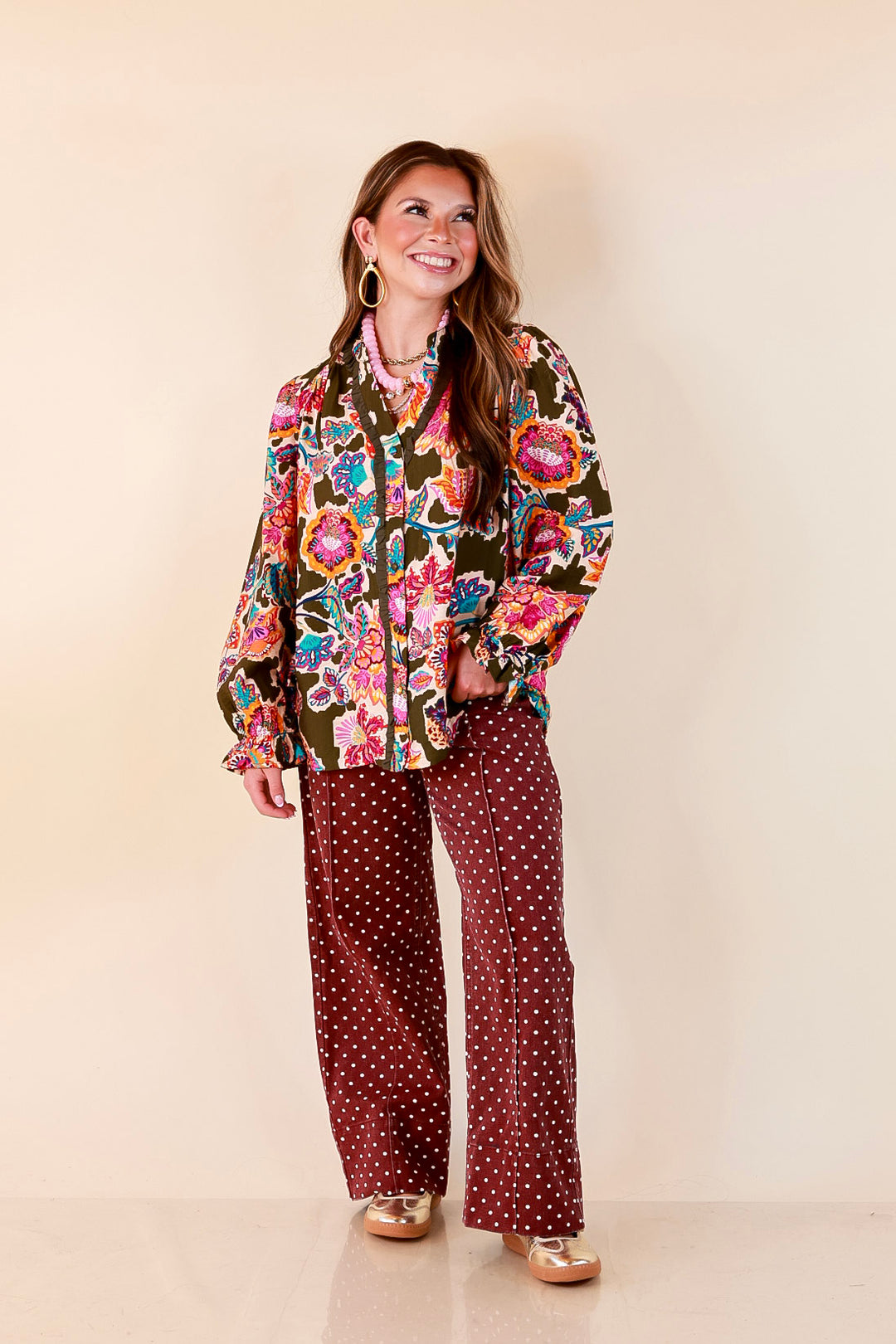 Petal Pop Floral Print Ruffle Front Button Up Long Sleeve Top with Balloon Sleeves in Olive Green