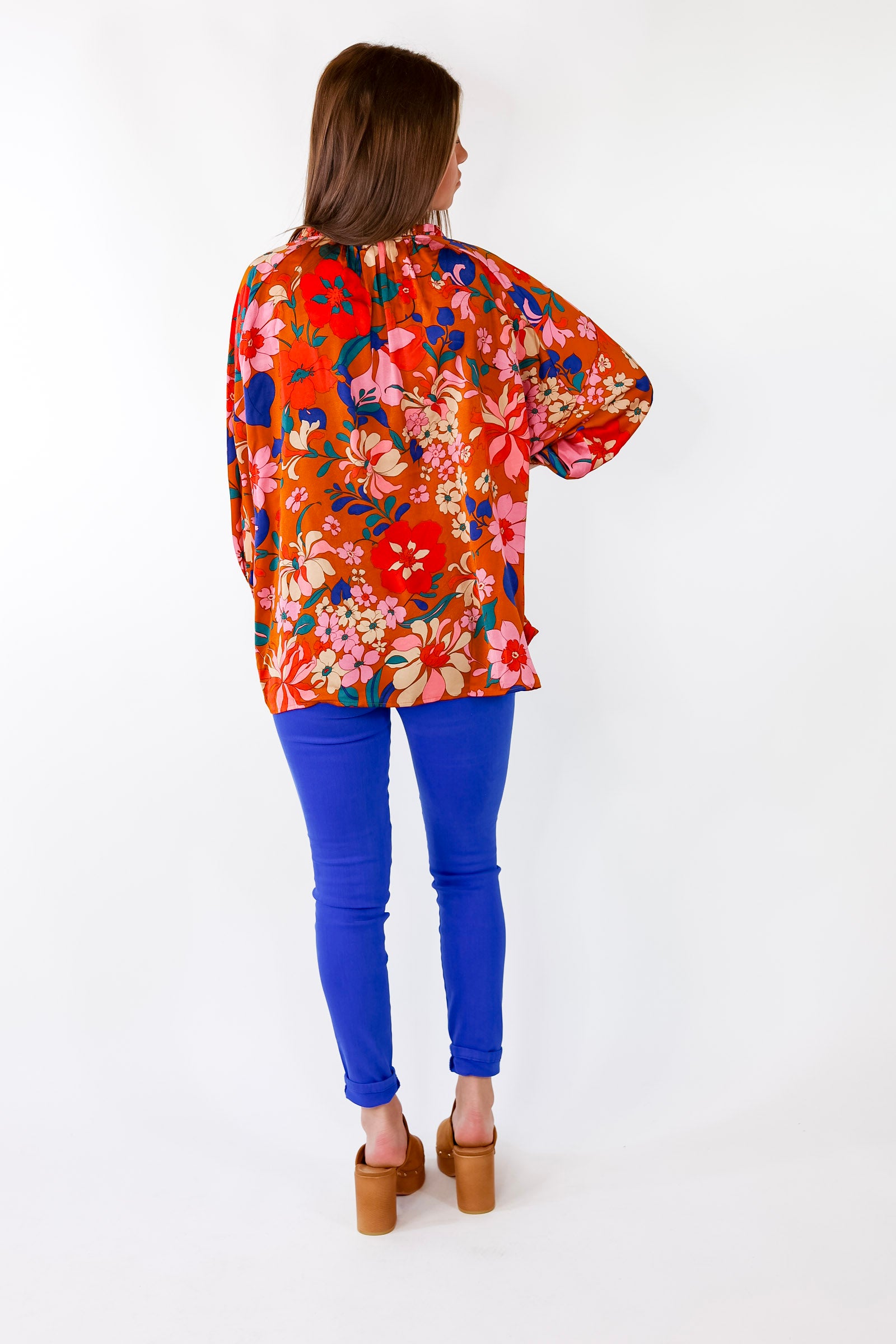 Falling For Floral 3/4 Sleeve Top with Notched Neck in Camel Brown - Giddy Up Glamour Boutique