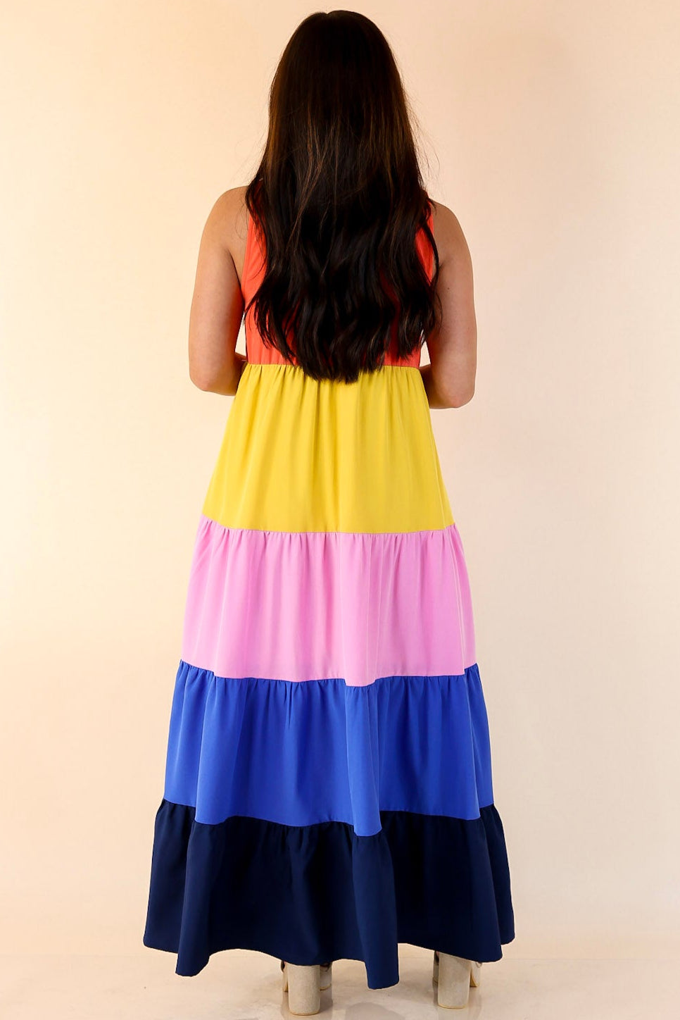 high neck tiered maxi dress Hope & Ivy high neck tiered maxi dress with tie waist in navy floral