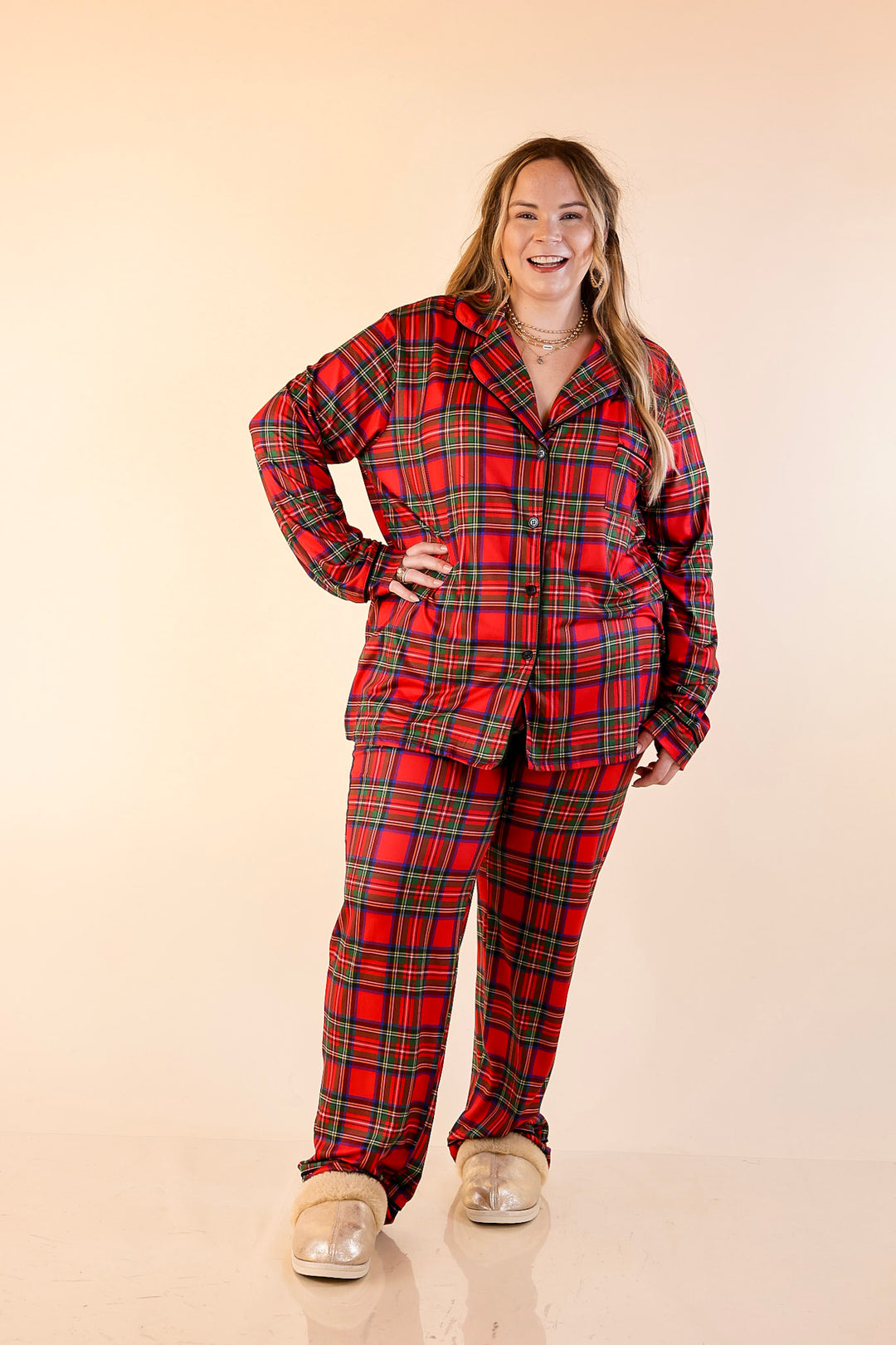 Holiday at Home Tartan Plaid Matching PJ Set with Black Trim in Red Plaid