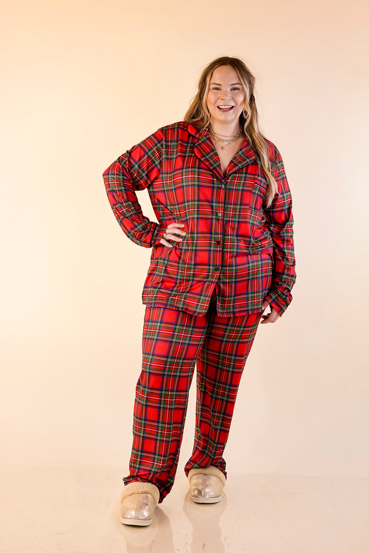 Holiday at Home Tartan Plaid Matching PJ Set with Black Trim in Red Plaid