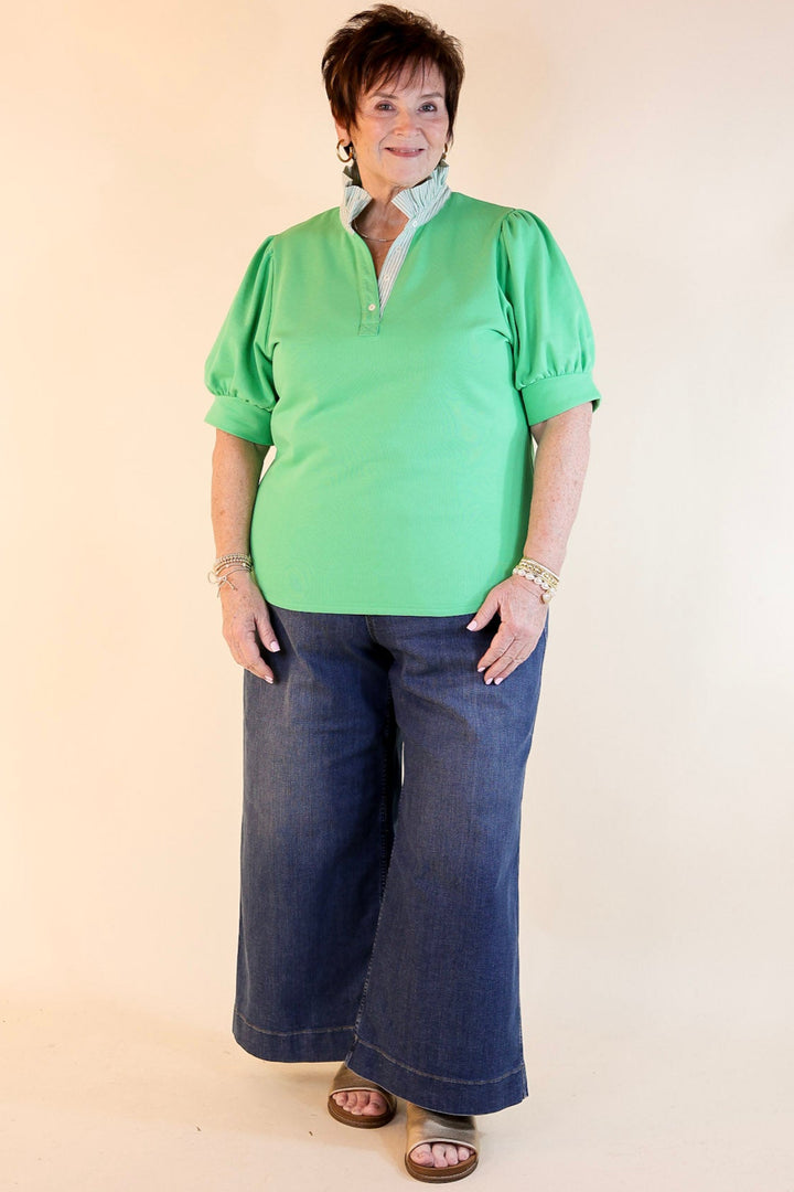 Sleek Sophistication Short Puff Sleeve Top with Striped Collar in Green