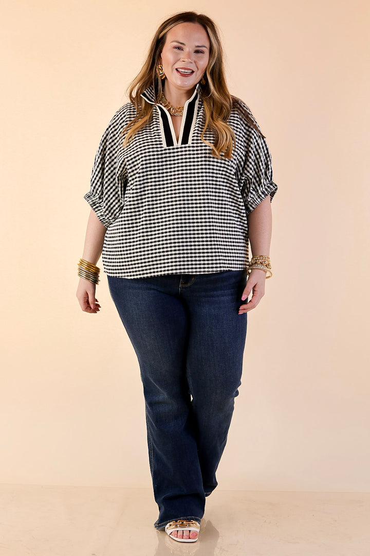 Naturally Stylish Gingham Plaid Top with Contrast Stripe Trim and Short Dolman Sleeves in Black