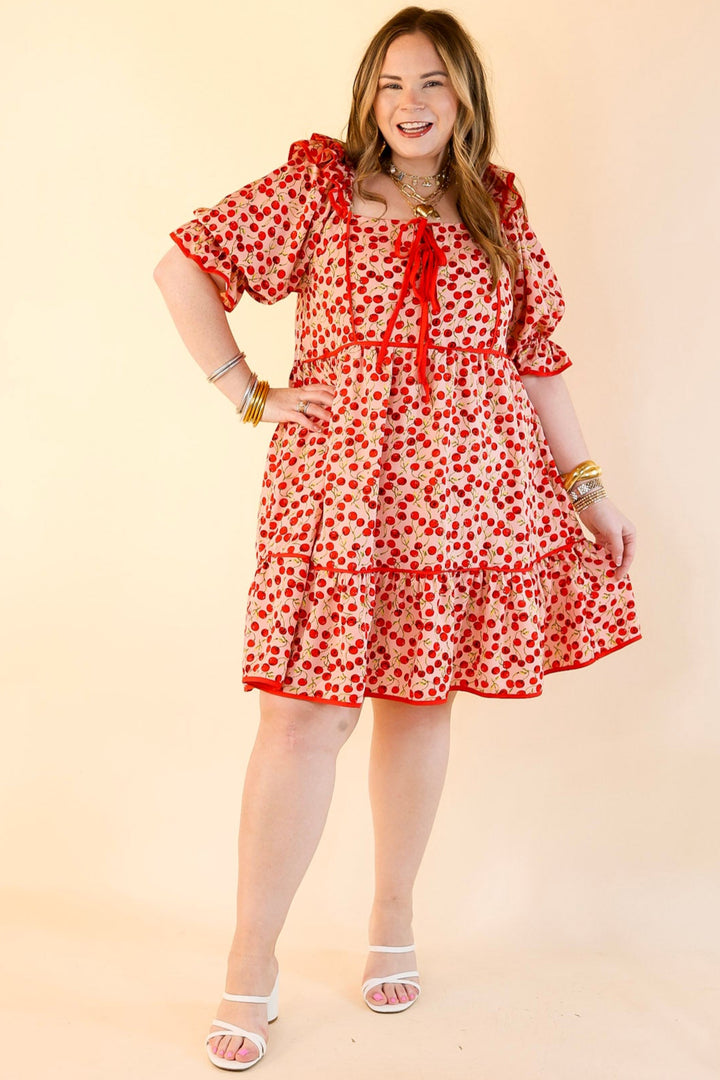 Cherry on Top Puff Sleeve Dress in Light Pink and Red