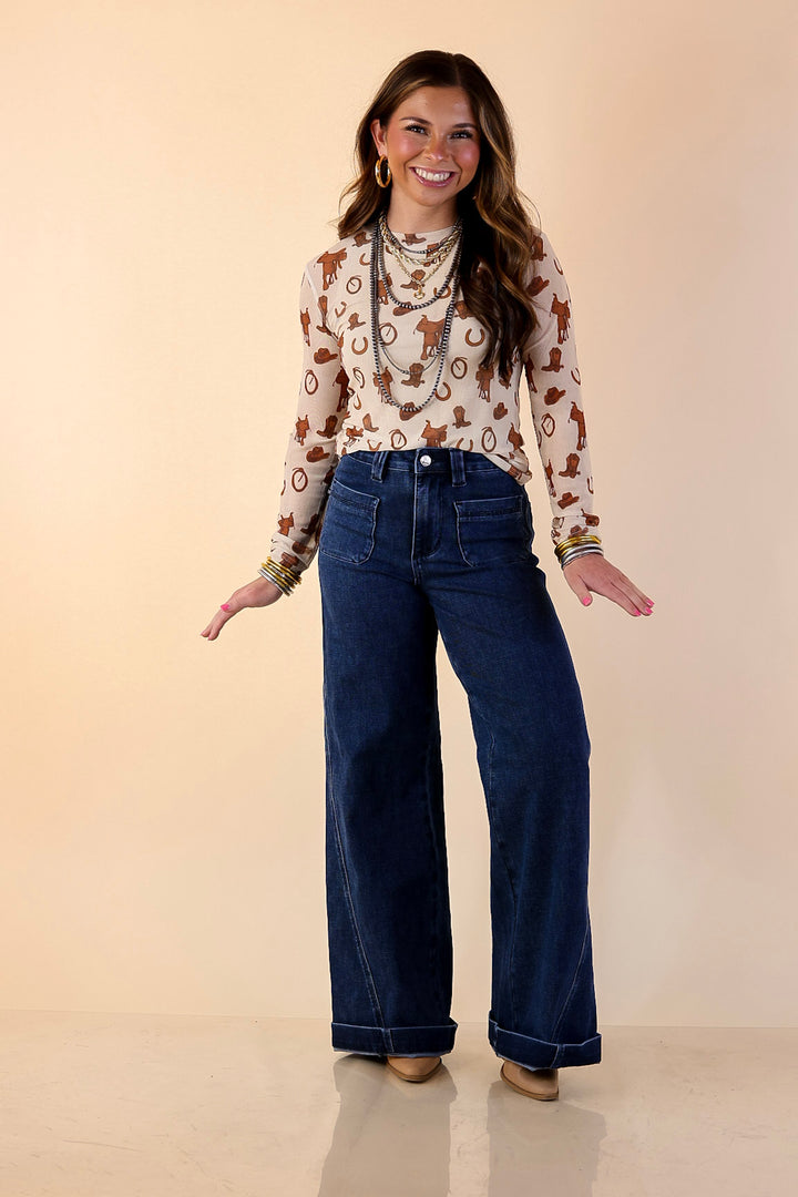 The Perfect Layer Western Icons Print Mesh Long Sleeve Top in Cream and Brown