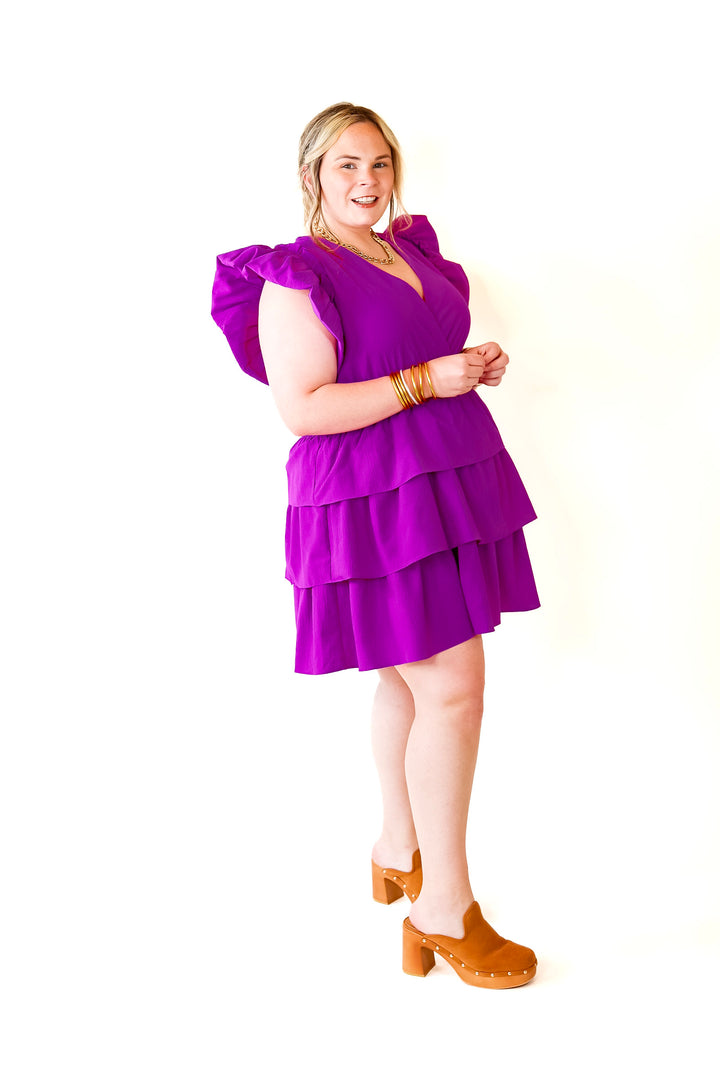 The Perfect Night Ruffle Cap Sleeve Dress in Violet Purple - Giddy Up Glamour Boutique