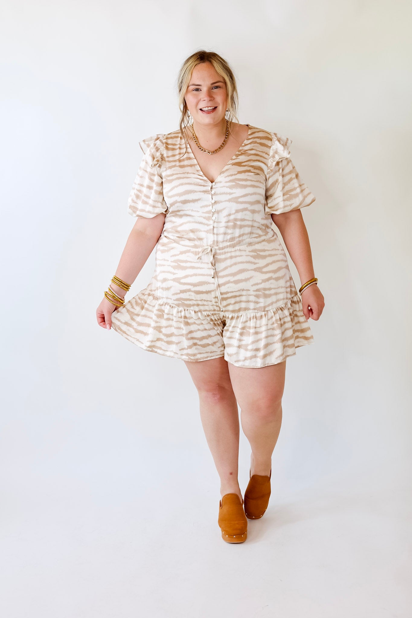 Head Turner Animal Print Romper in Beige and Cream - Giddy Up Glamour Boutique