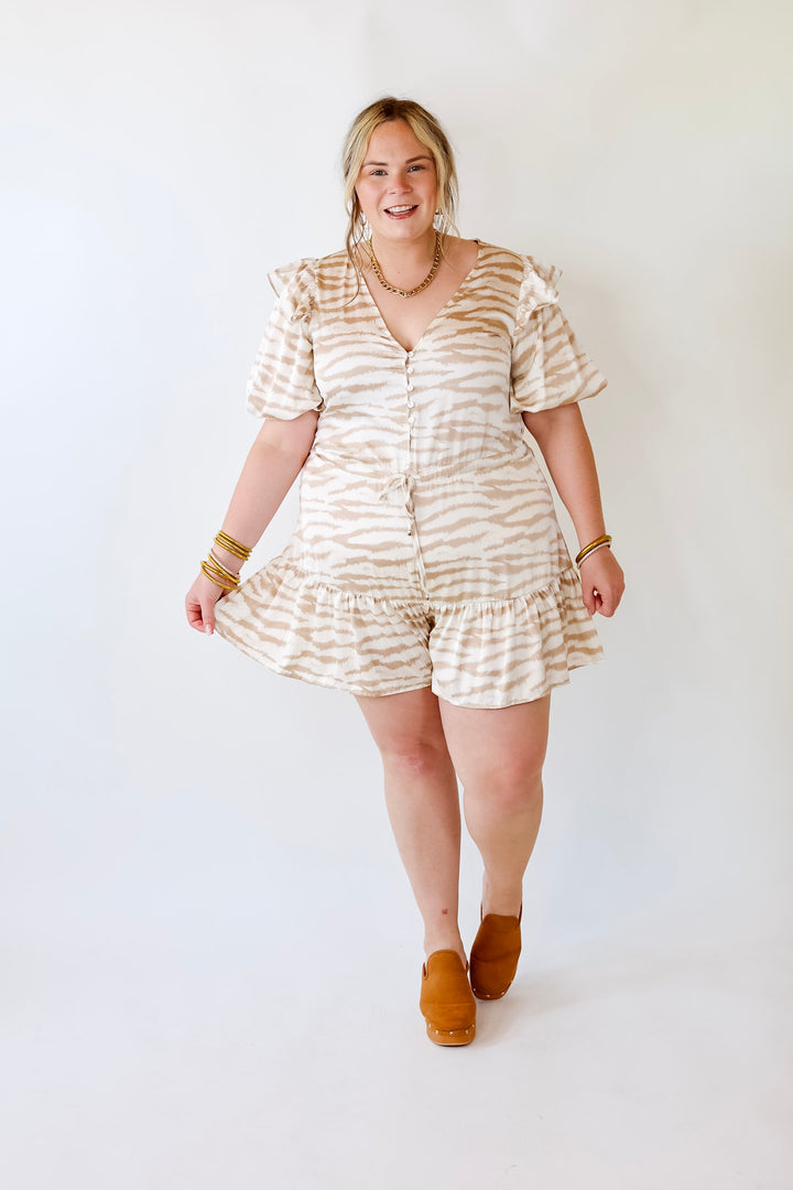 Head Turner Animal Print Romper in Beige and Cream - Giddy Up Glamour Boutique