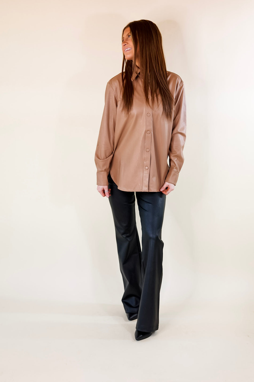 SPANX | Leather-Like Long Sleeve Oversized Shacket in Toffee - Giddy Up Glamour Boutique