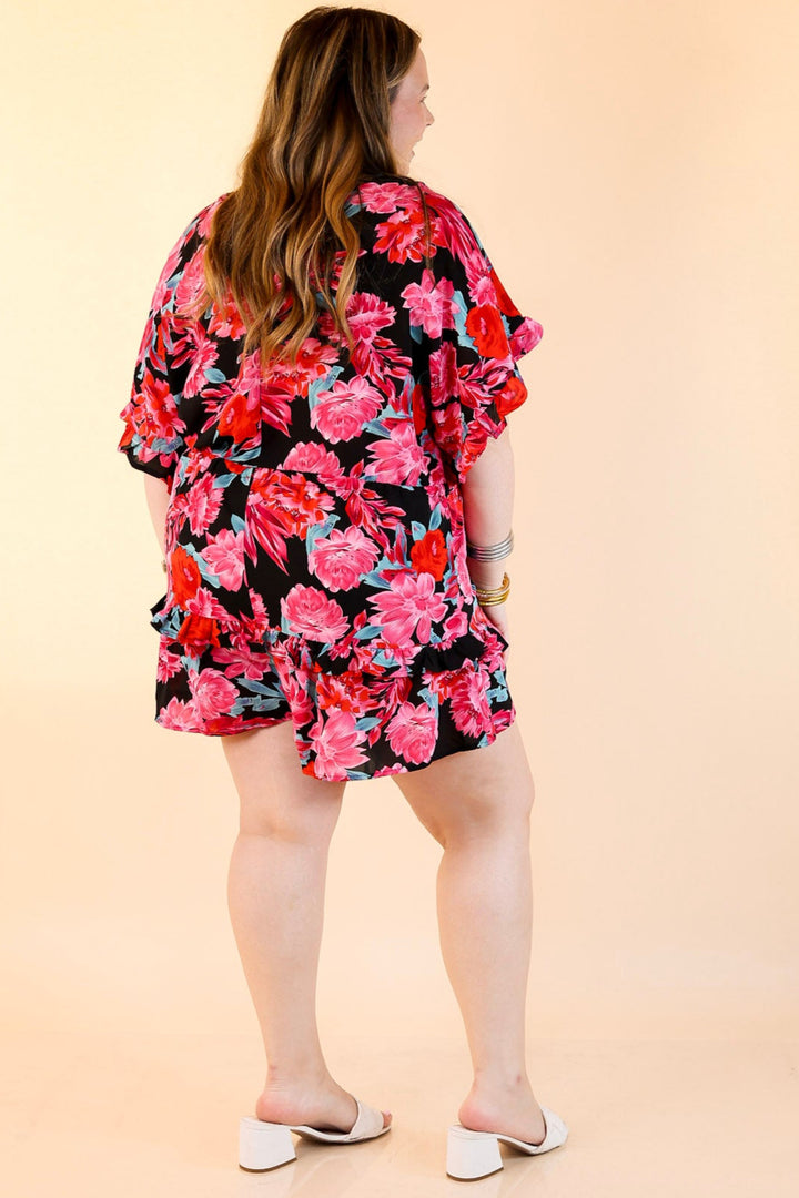 Sending Good Luck Floral Print Drawstring Romper in Black