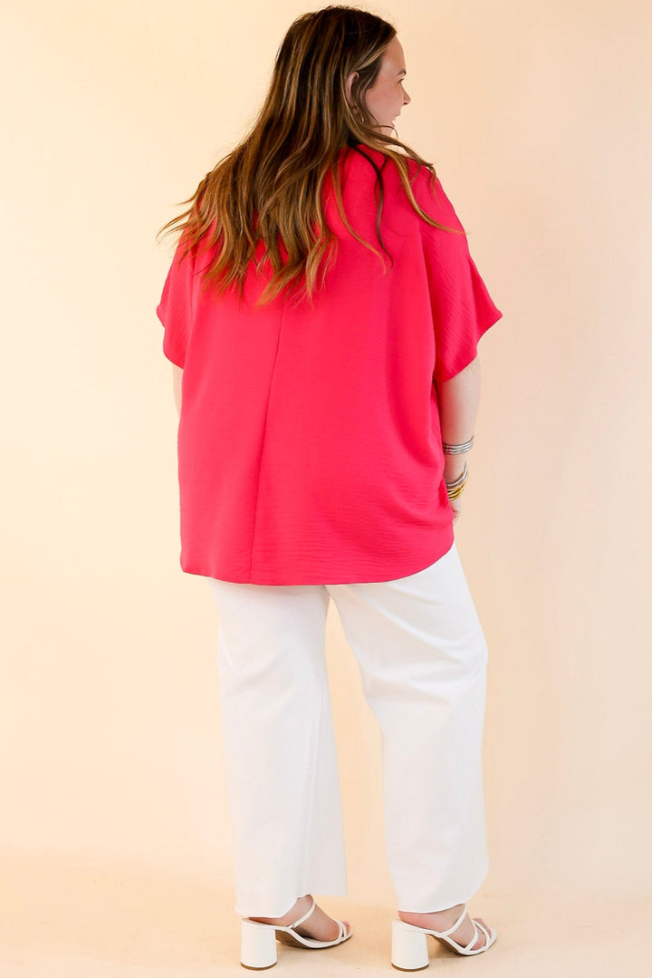Try To Resist Short Sleeve V Neck Top with Front Pocket in Hot Pink