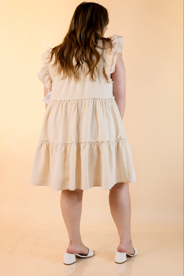 Beachfront Bliss Pin Stripe Dress with Keyhole and Tie Neck in Beige