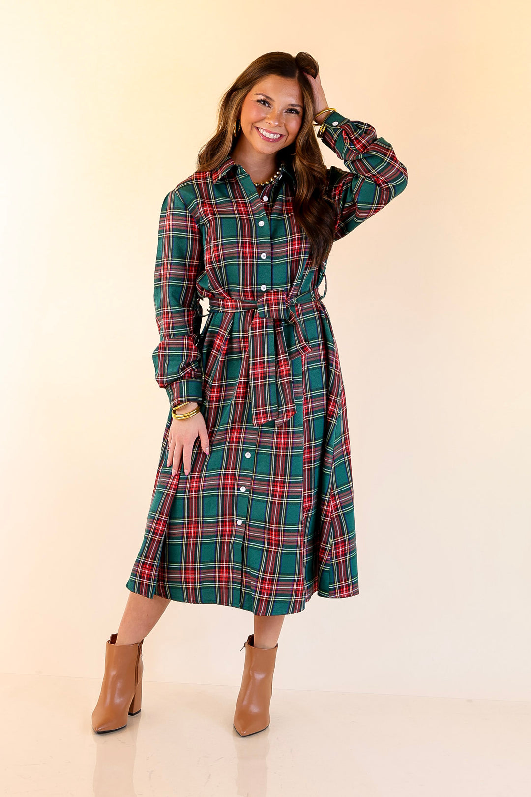 Polished Presence Long Sleeve Plaid Button Up Collared Midi Dress in Green