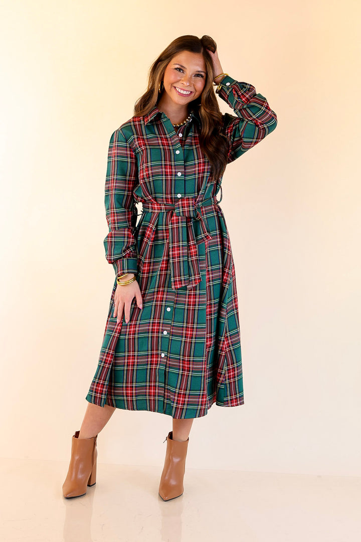 Polished Presence Long Sleeve Plaid Button Up Collared Midi Dress in Green