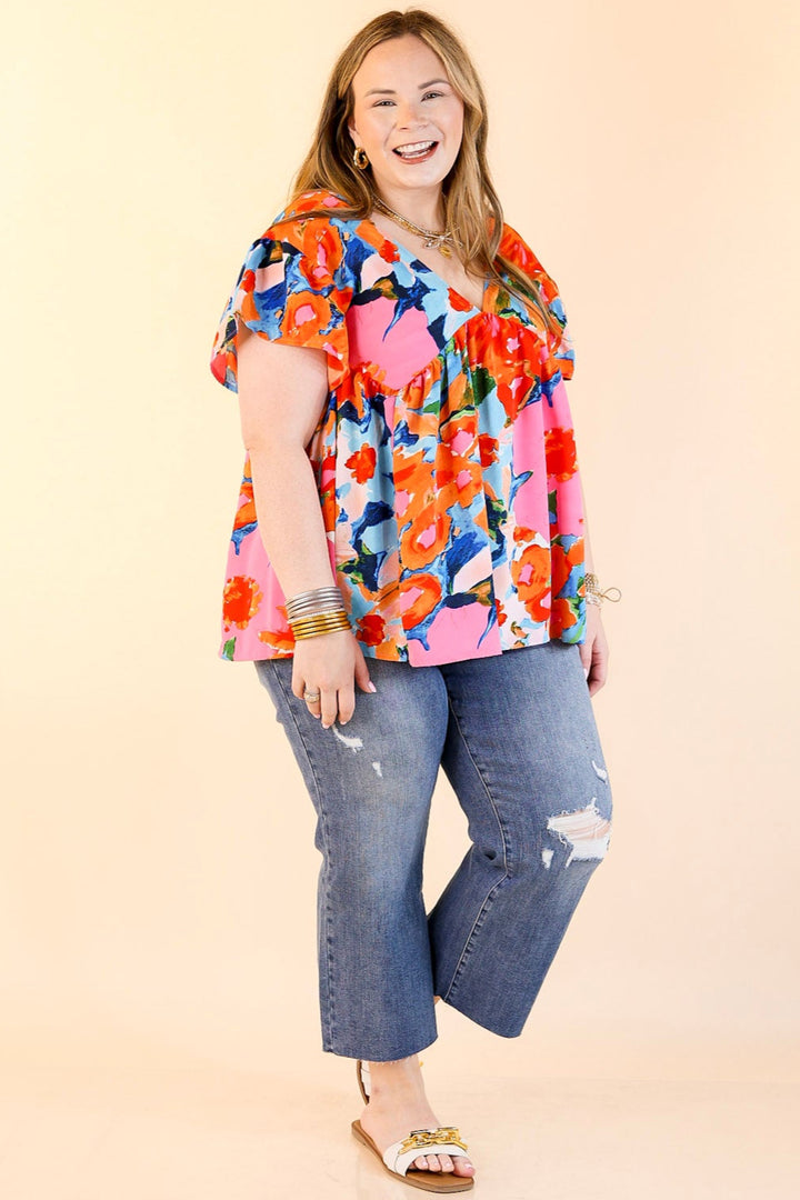 You Had Me At Aloha Watercolor Floral Top with V Neckline in Orange Mix