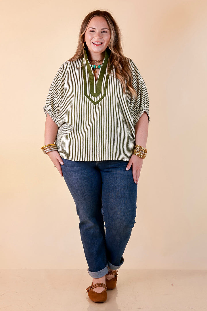 Naturally Stylish Stripe Top with Contrast Stripe Trim and Short Dolman Sleeves in Olive Green