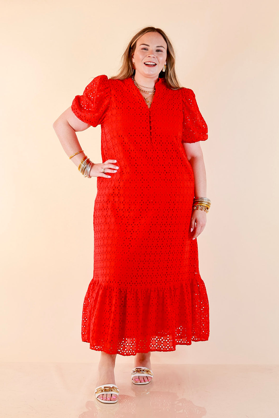 Meet Me at Sunset Eyelet Lace Puff Sleeve Tiered Maxi Dress in Red