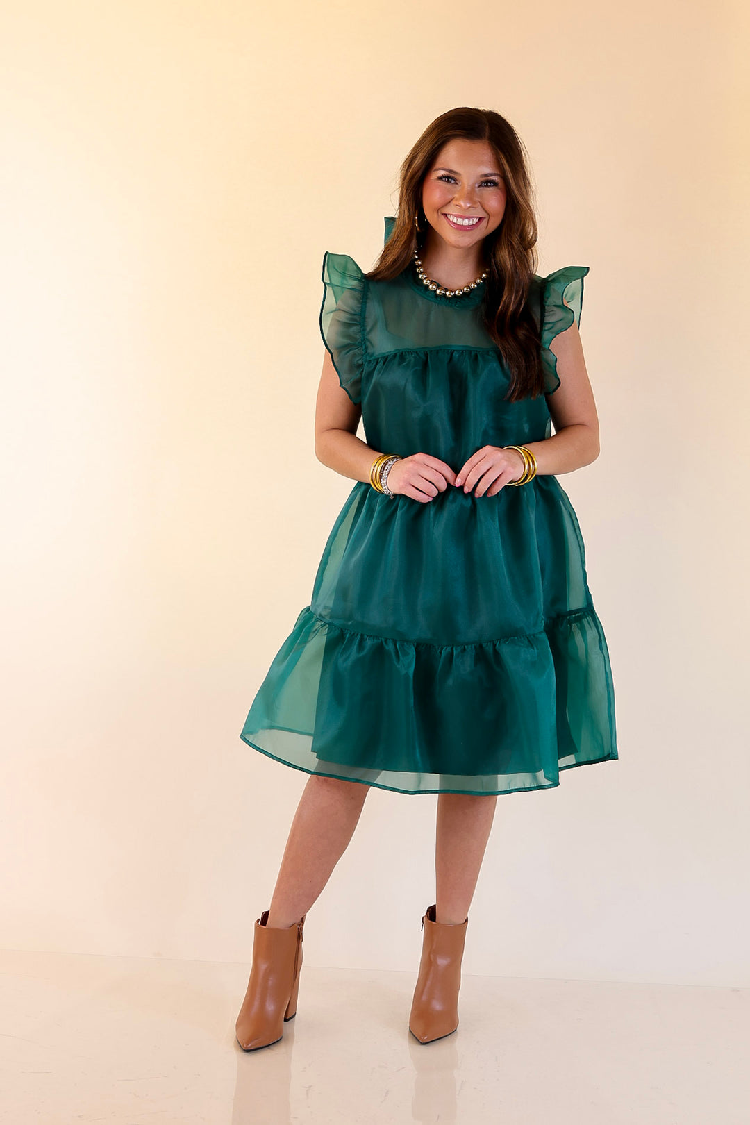 Mud Pie | Jane High Neck Sheer Tulle Ruffle Tiered Dress in Forest Green