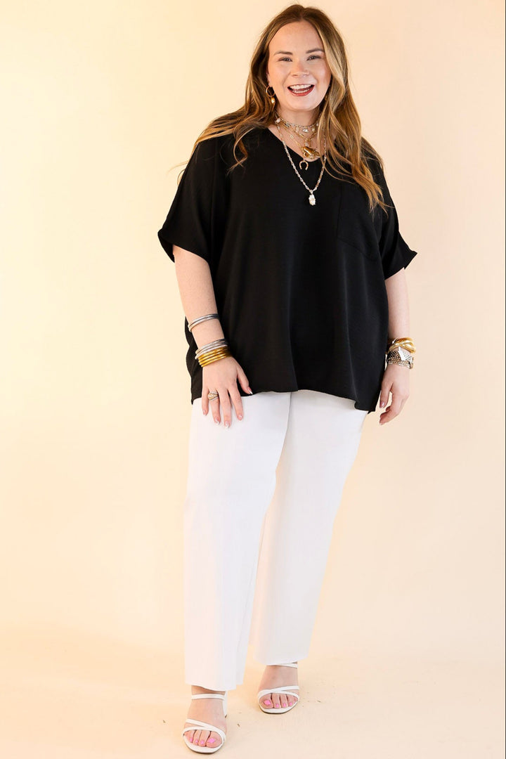 Try To Resist Short Sleeve V Neck Top with Front Pocket in Black