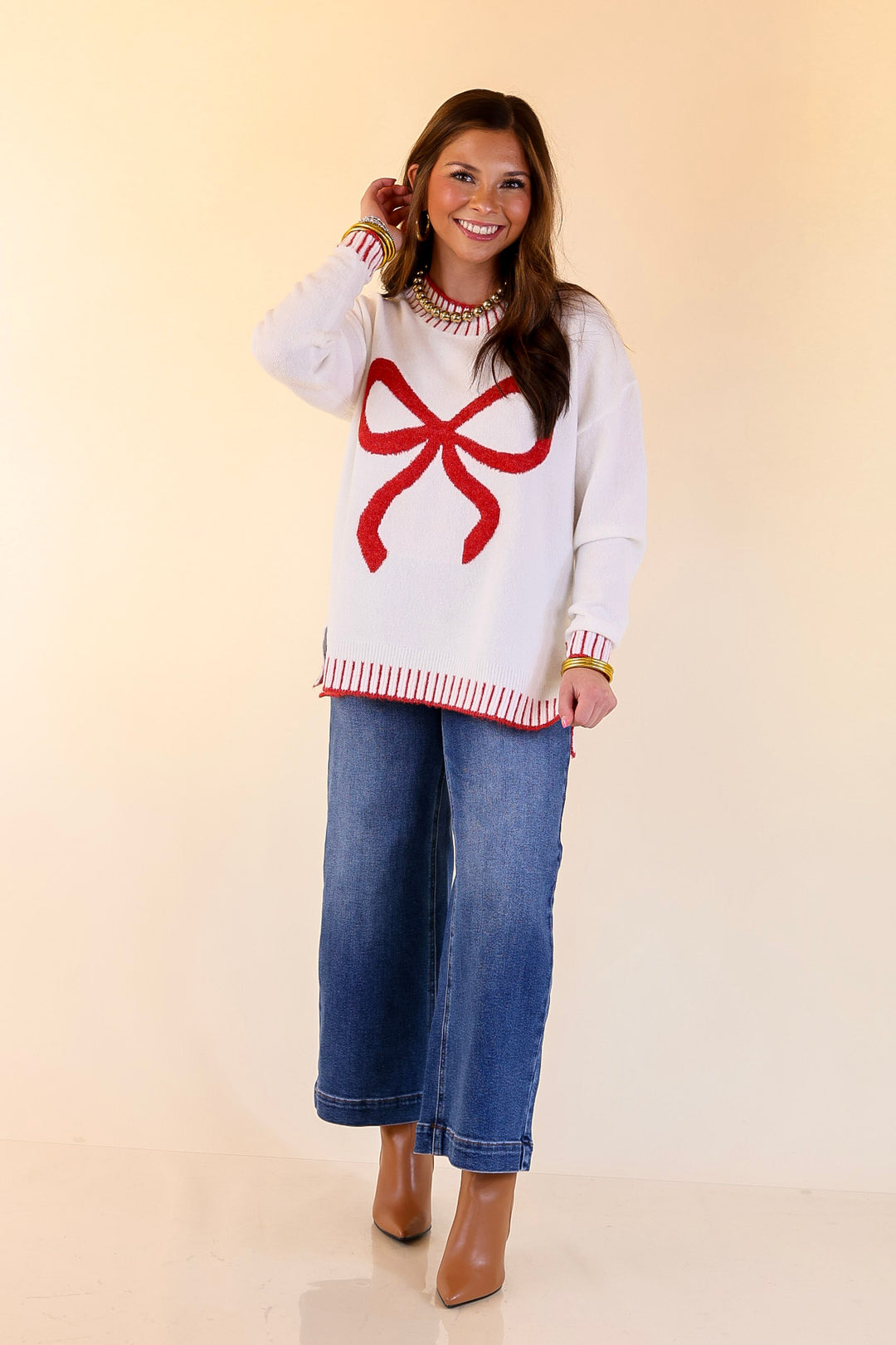 Mud Pie | Wilder Red Bow Mock Neck Sweater in Ivory